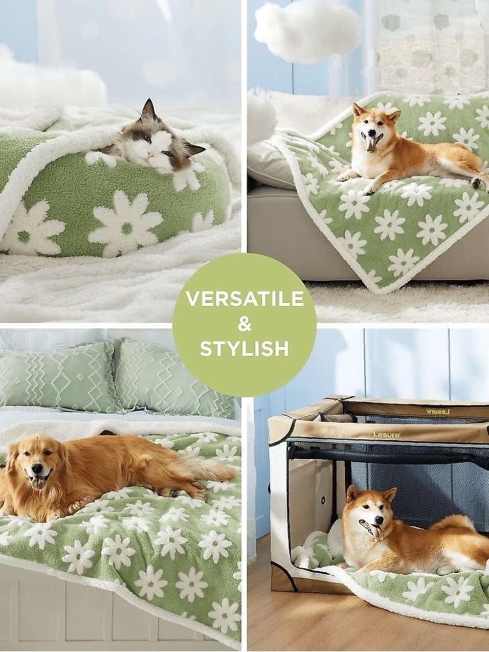 Lesure Green Sherpa Pet Blanket with White Daisies Size: Medium (30”x 40”) - Picture 10 of 15